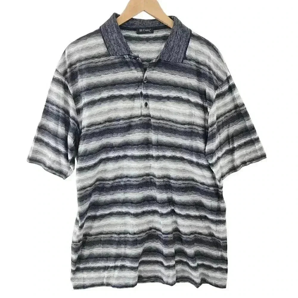 Vintage St.Croix Black Gray Striped Short Sleeve Casual Polo shirt Men's XL